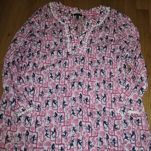 Talbots Pink and Navy Monkey Print Blouse Medium P